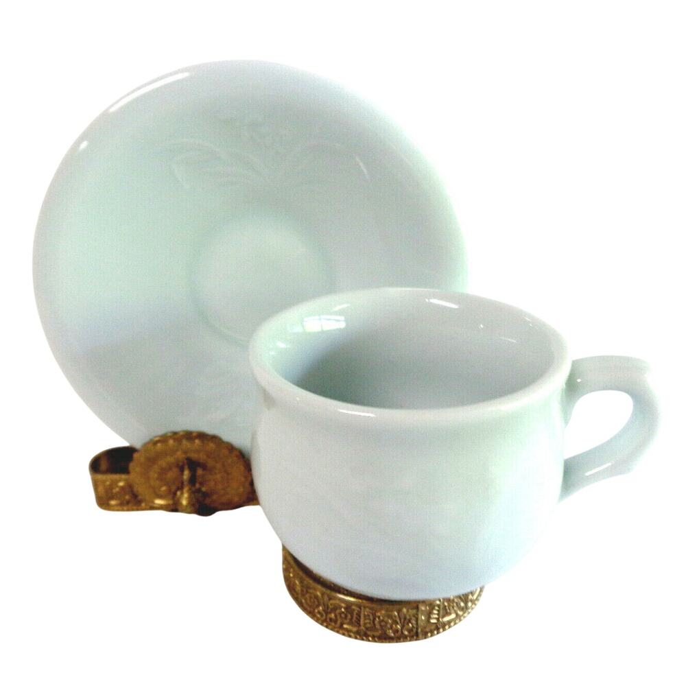 Green Jadeite Tea Cup Saucer Set Coffee Mug Raised Asian Flower Vtg Milk Glass
